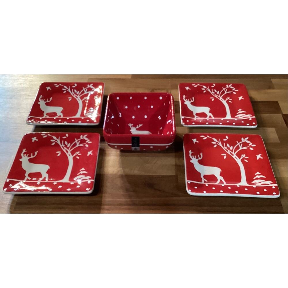 Mesa Home Red White Deer Tree 4 Square Dessert Bread Plates 5.25” ~ 1 Bowl 4.5”